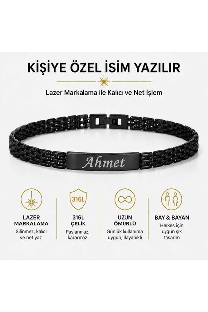 Çelik Siyah Renk İsim Yazılır Unısex Bileklik Göz resmi veya isim eklenir (Kişiselleştirilebilir)