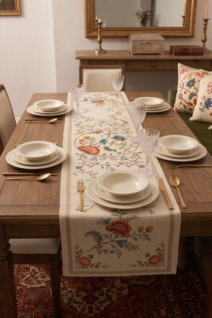 Vintage Çiçek Motifli Desenli Dekoratif Dijital Baskılı Runner 4kmbs343-RN