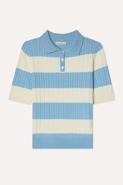 Women's Blue Striped Polo Collar Short Sleeve Knit Sweater