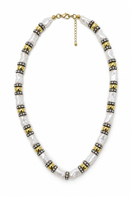 Stylish Design Baroque Pearl-Looking Steel Necklace with Yellow and Gray Detail