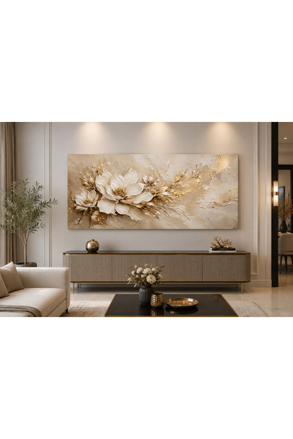 Beyaz Çiçekli Gold Kanvas Tablo – Krem Bej Tonlu Modern Yatay Salon Duvar Tablosu