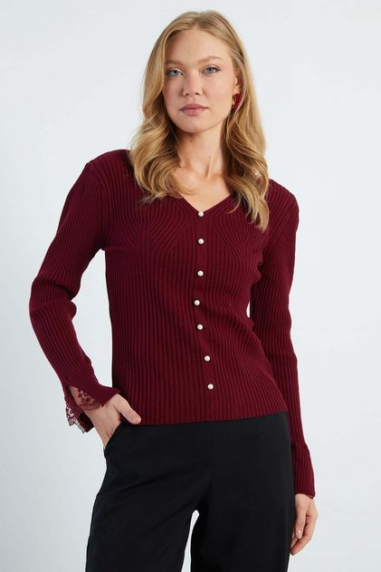 Lace Pearl Detailed V-Neck Slim Fit Knitwear Blouse