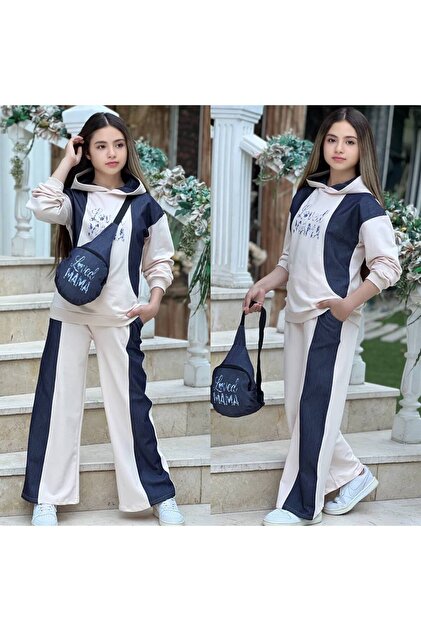 Girl's Denim Detailed Printed 3-Piece Set - Hooded Sweatshirt - Pants - Denim Bag