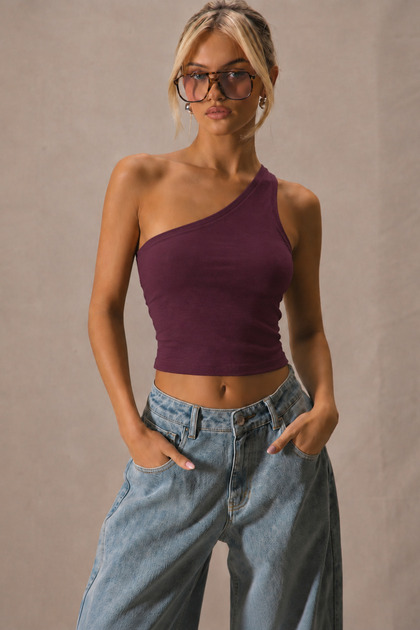 Women's One-Shoulder Crop Tank Top Stretchy Slim Fit Single Jersey Fabric Asymmetrical Neckline Blouse