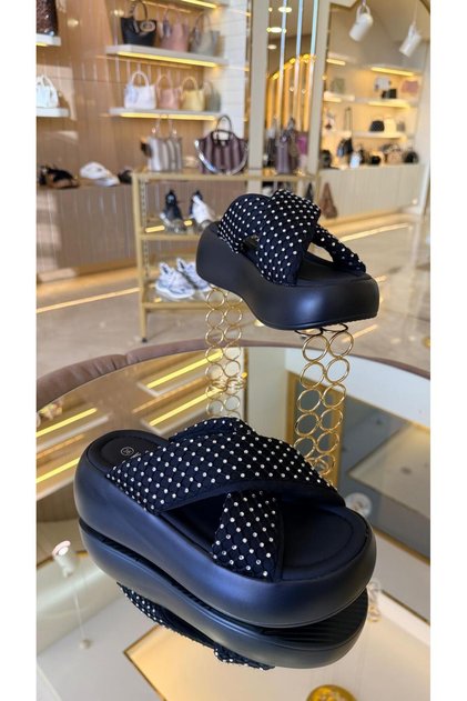 Imported women's fishnet embellished platform slippers 2024-00