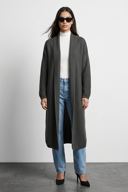Zarc Soft Textured Comfortable Fit Low Long Sleeve Knitwear Women's Cardigan & Jacket & Hijab Cardigan - Smoked