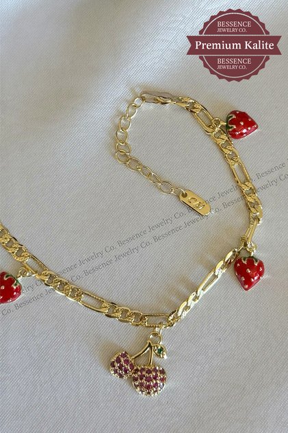 CM Jew 14K Gold VIP Çelik Bileklik Çilek ve Kiraz Charm Figaro Zincir, 17CM+3CM Ayarlanabilir