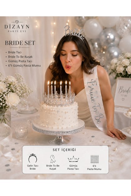 Bride To Be 4’lü Gelin Seti Taç Kuşak Pasta Üstü Taç ve 6’lı Mum Gold Gümüş Bekarlığa Veda Seti