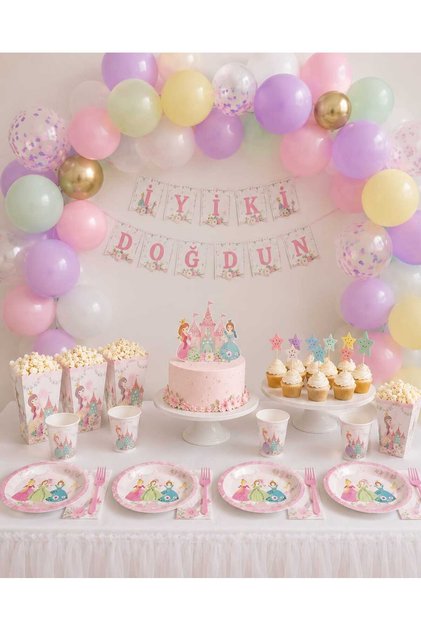 Prenses Temalı Doğum Günü Parti Süsleme Seti | Makaron Balon, İyi Ki Doğdun Yazısı Tabak Bardak Doğum Günü Konsept