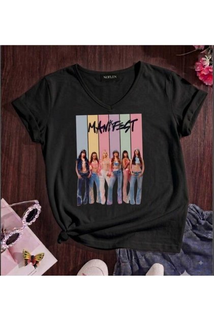 Manifest Pink V-Neck Design T-Shirt