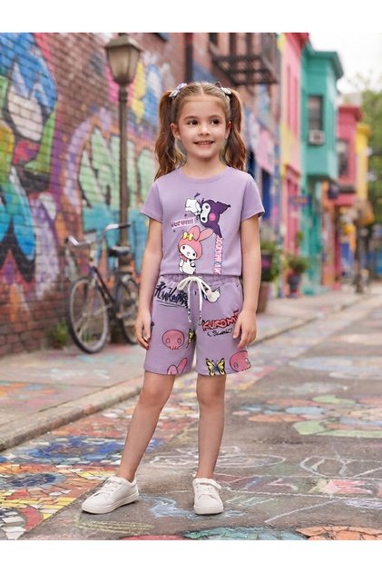 Kuromi̇ and My Melody Printed Shorts and Top Summer Set for Girls