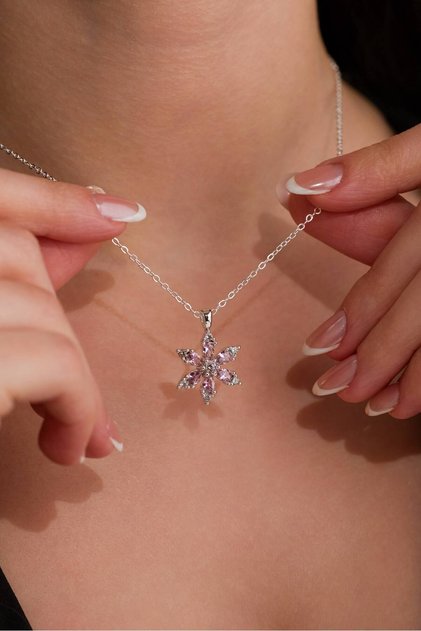 925 Ayar Gümüş Pembe - MOR Zirkon Taşlı Lotus Çiçeği Gümüş Kadın Kolye-Anneler Günü Hediyesi- sevgililer günü hediyesi