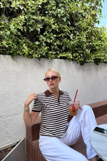 Polo Collar Striped Short Sleeve Knitwear