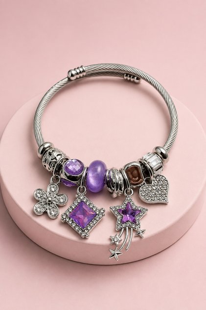 Women's Steel Charm Bracelet with Pink and Purple Stones, Panda Butterfly Flower Figure, Stainless Steel Tarnish-Resistant Bracelet