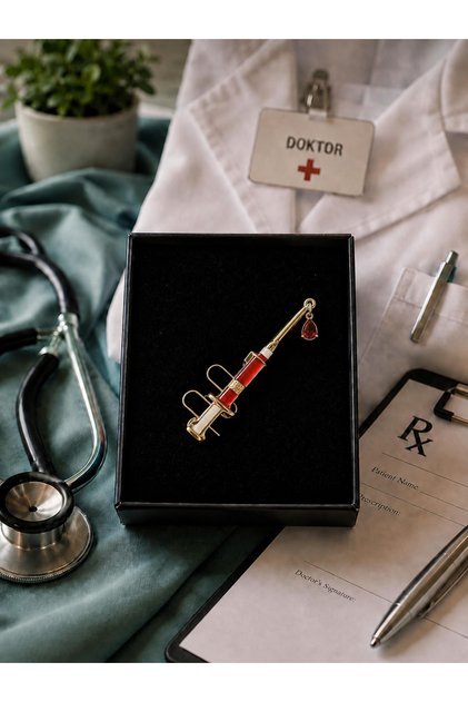 Kırmızı Damla Taşlı Şırınga Figürlü Broş – Doktor Hemşire ve Sağlık Çalışanı Hediyesi