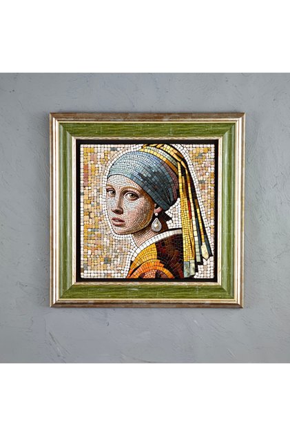 Mozaik İnci Küpeli Kız Klasik Sanat Çerçeveli Taş Tablo, El Yapımı Limra Taşı Kadın Figürlü Tablo