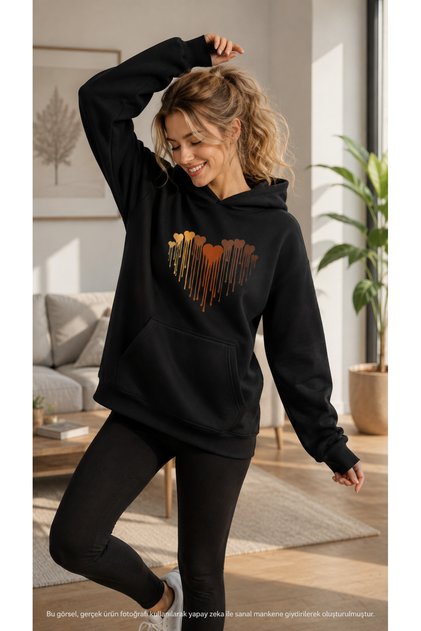 Women's Melting Hearts Printed Hooded Kangaroo Pocket Cotton Casual Sweatshirt