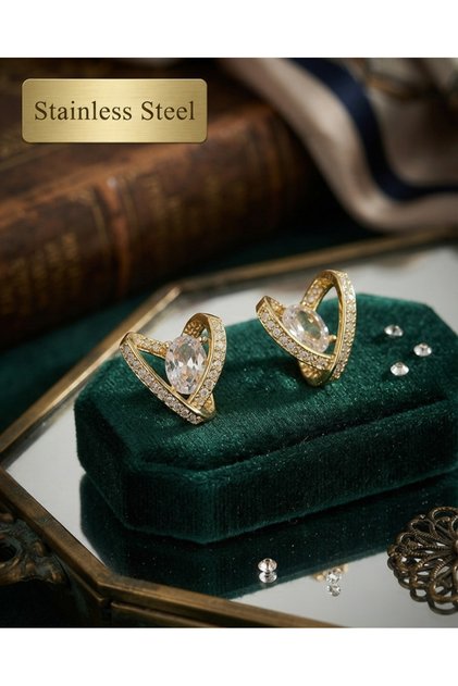 Brass Gold Color Heart Motif Zircon Stone Earrings