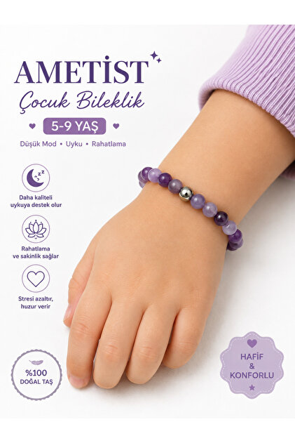 Ametist Natural Stone Children's Bracelet for Ages 5-9 – Purple Amethyst Stone Relaxing Mood Enhancer