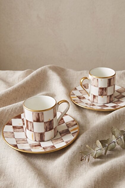 Bella Brown 2-Person Porcelain Coffee Cup Set – Brown Square Pattern, Gold Detail, 4 Pieces
