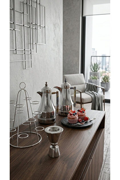 1+1 Steel Tea and Coffee Pot Set with Metal Cup Holder and Incense Burner Elegant and Modern Design in Shiny Silver/Marble