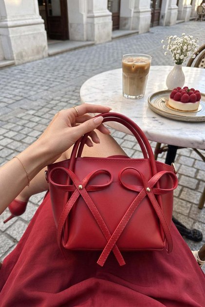 Red D72 Stylish Bow Detailed Zippered Large Internal Volume Daily Use Hand and Shoulder Bag