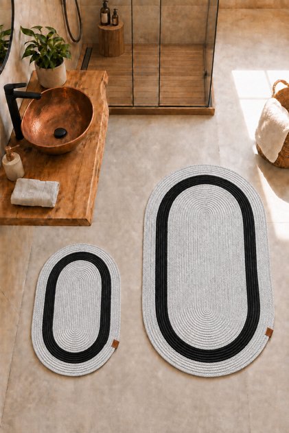 Jute and Straw Mat, Bathroom Mat Set, Set of 2 60X100Cm and 40X60Cm, Water Absorbent, Oval Carpet