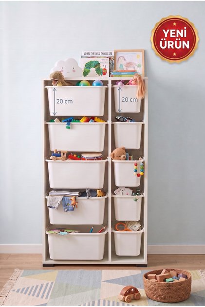 5 Adet Büyük 5 Adet Ultra Küçük Çekmeceli 136 cm Beyaz Çocuk Odası Oyuncak Dolabı ve Çok Amaçlı Saklama Ünitesi - Depolayıcı Düzenleyici Organizer