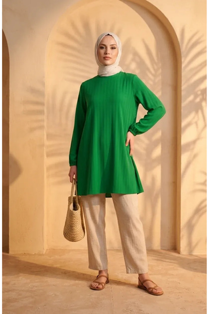 Stylish Draped Crepe Fabric Hijab Tunic 1121-03 Green