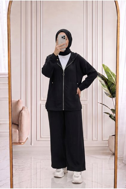 Şahsu Kanguru Pocket Hooded Zippered Trousers Set-Gs2943 Black