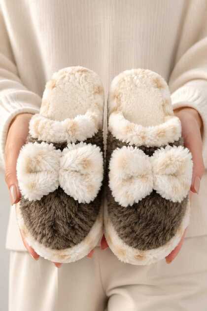 Women'S, Plush Home Slippers, Soft Furry, Bowknot, Comfortable Winter Home Slippers