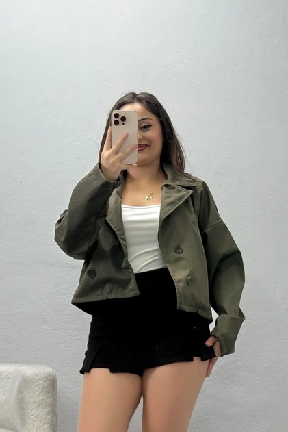 Women's Unlined Double-Breasted Collar Short Trench Coat Khaki