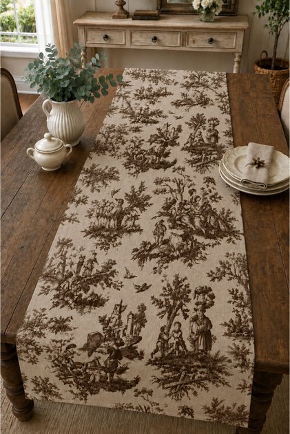 Navy Blue French Country Patterned Duck Fabric 50X200 Large Runner Vintage Country Stylish Decorative Tablecloth