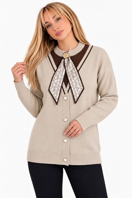 Women's Beige Patterned Collar Detailed Buttoned Knitwear Cardigan Stylish Long Sleeve Knitted Cardigan