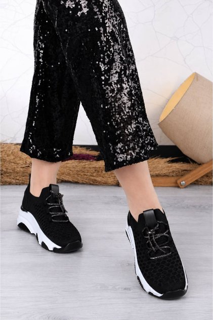 Kadın Siyah Beyaz 5 cm Ortopedik Taban Taşlı Şık Triko Spor Ayakkabı Sneaker BKJ1012