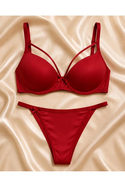 Scarlet Red Cross Strap Supported Padded Underwired Bra Panties Underwear Set