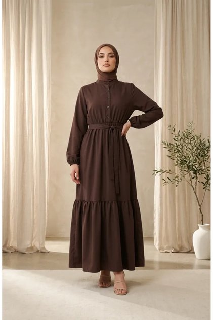 Düğmeli Beli Lastikli Viskon Krep Tesettür Elbise 0353-01 Kahverengi