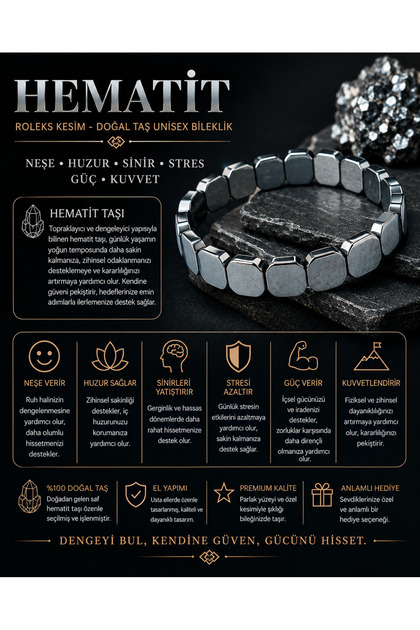 Certified Hematite Natural Stone Rolex Cut Unisex Natural Stone Bracelet with Charms