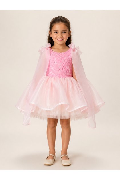 Girl's Pink Tutu Princess Dress with Shoulder Bow Detail, Fluffy Birthday Dress