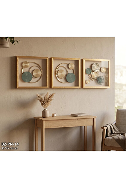 3’lü 3D Dekoratif Duvar Tablosu 45x45 cm Ahşap Çerçeveli Camlı Metal Detaylı Gold Salon Ofis Duvar Dekoru
