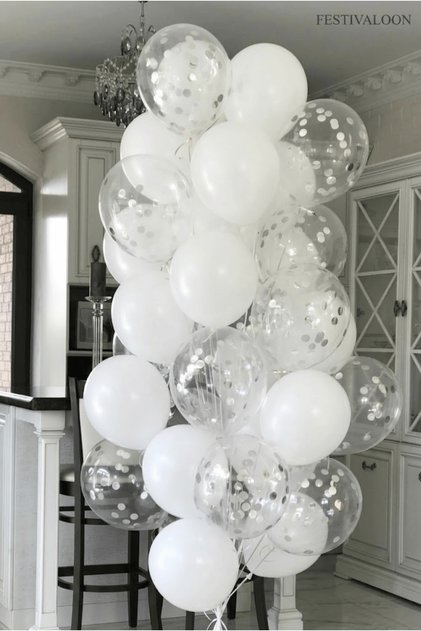 Set of 20 White Transparent Balloons with Silver Confetti Birthday Engagement Promise Stylish Party Decoration