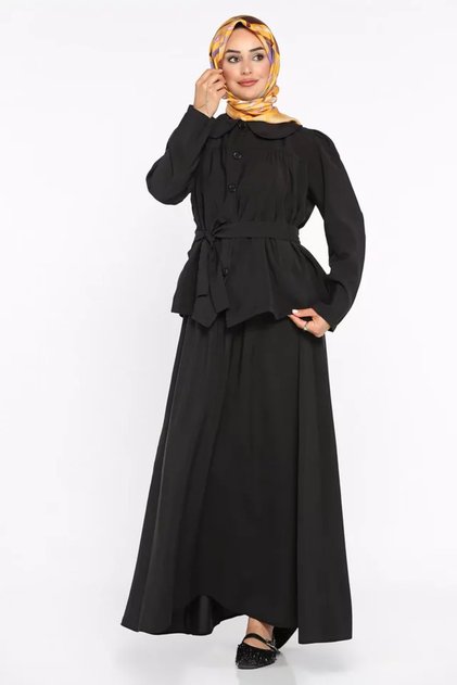 Elastic Waist Skirt, Baby Collar, Belt Detail, Shirt, Hijab, Two-Piece Set