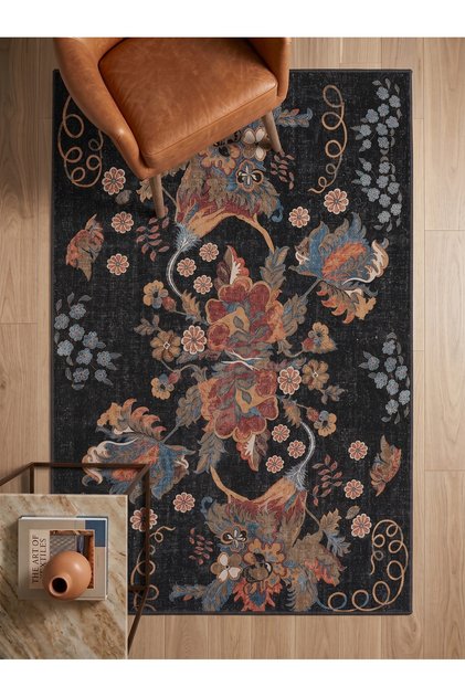 Miras Unique Tebriz Esintili Siyah Çiçek Desenli Otantik Dokuma Şönil Yolluk Pamuk Taban Eskitme Vintage Salon Halısı