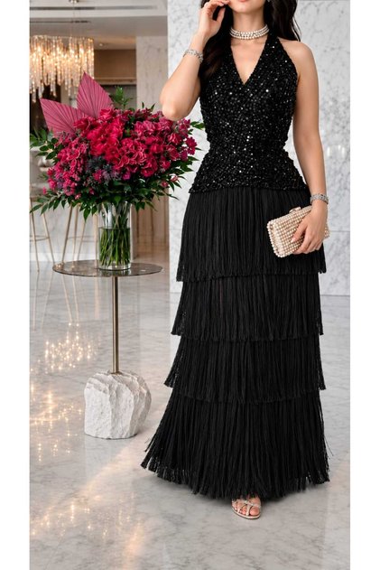 Sequin & Fringe Halter Dress.