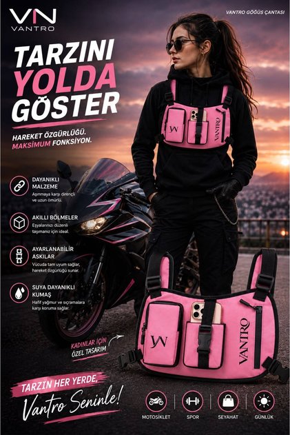 Telefon Tutuculu Motorcu Göğüs Çantası toz pembe – Moto Vlog, Spor ve Video Çekimi İçin
