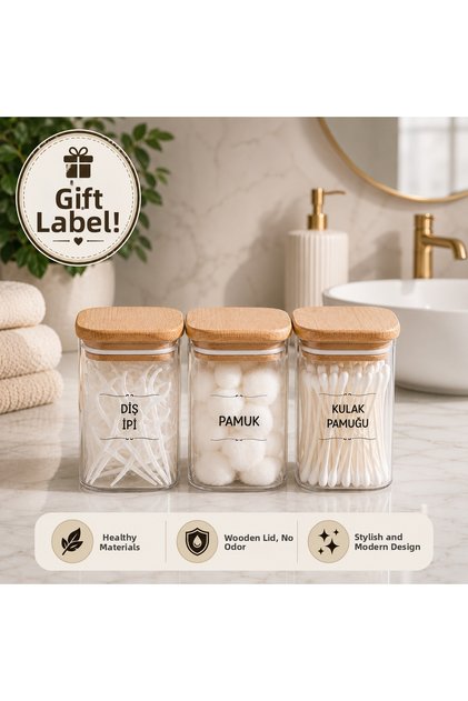 3-Pack Transparent 300 ml Containers with Wooden Lids – Decorative Storage Container for Cotton, Ear Swabs, Makeup, and Bath Accessories