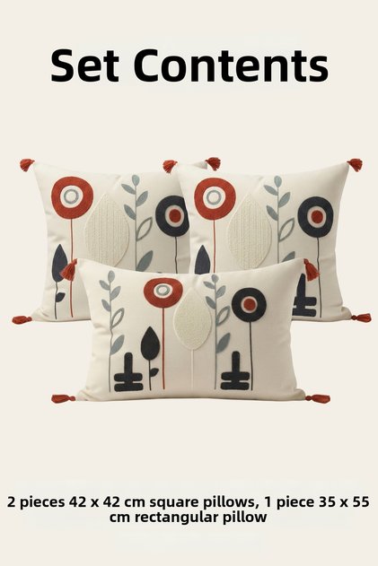Luna Bahçesi Punch Embroidered 3-Piece Decorative Throw Pillow Cover Set 2 Pieces 42X42 cm + 1 Piece 35X55 cm