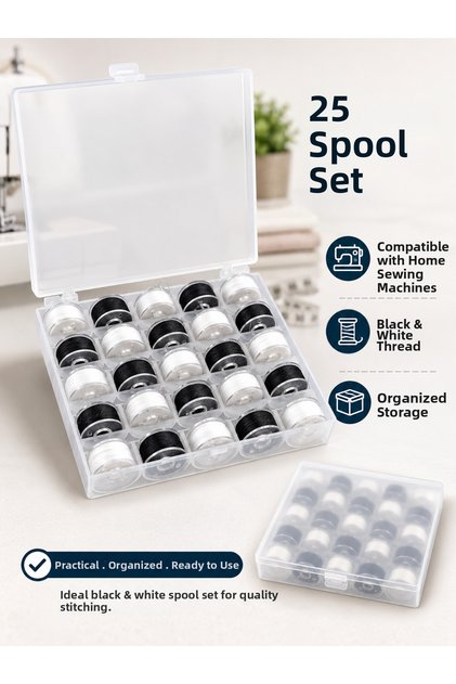 25 Pieces Black and White Bobbin Sewing Thread Set, Ready to Use in a Box, Household Colored Bobbin Thread