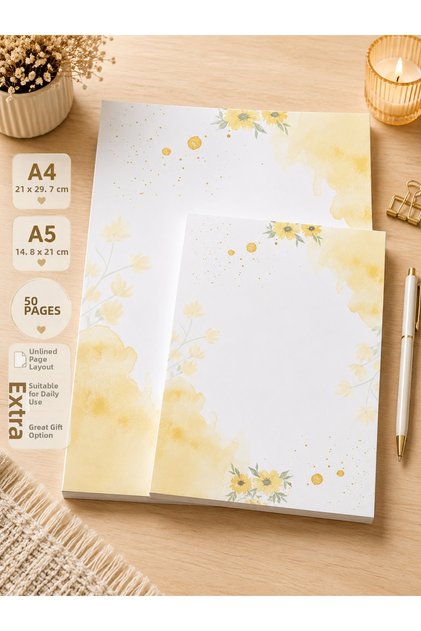 Yellow Floral Patterned Set of 2 (A4-A5) Notepad - Notepad - Memo Pad