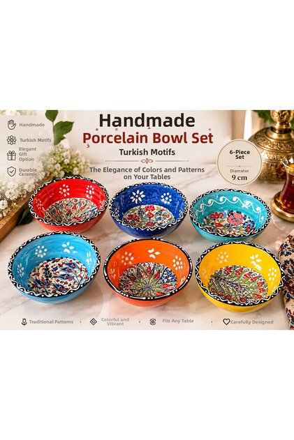 Handmade Ceramic 6-Piece Tile Bowl Set – Mixed Colors with Turkish Motifs 9 cm